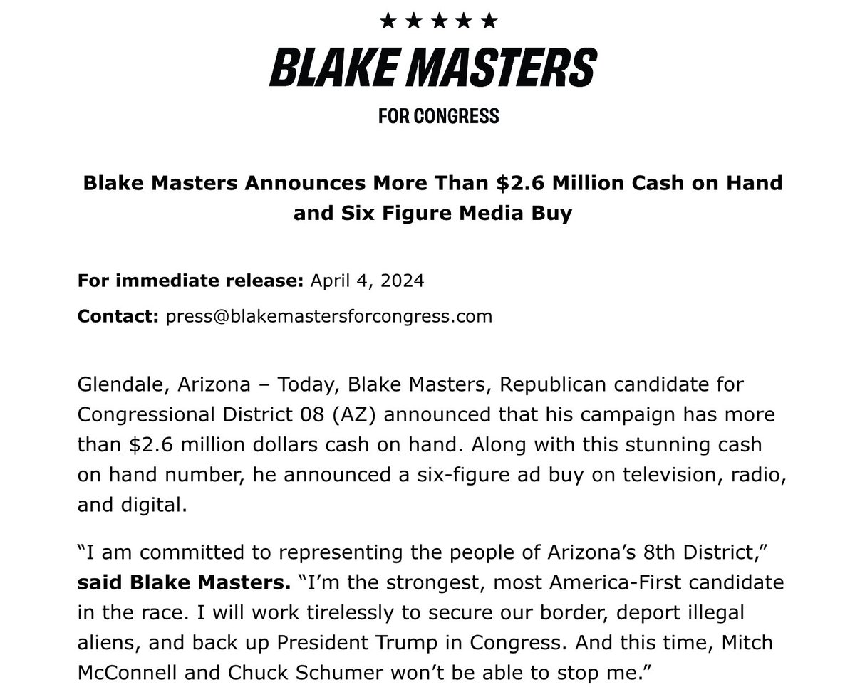 BREAKING: @bgmasters announces new six-figure media buy & a staggering $2.6M COH with four months to go until the #AZ08 primary election. We are so back.
