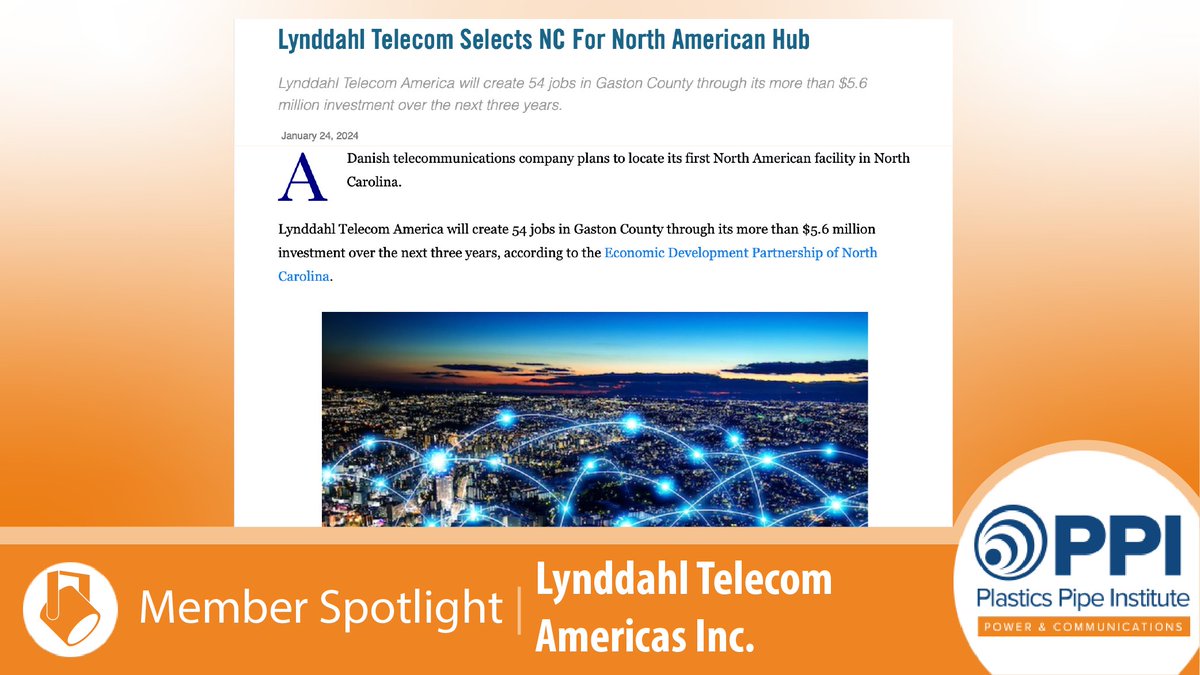 LYNDDAHL Telecom America Inc. is investing $5.6 million to establish its first North American microduct extrusion production site in Belmont, N.C. Click here to read the full article: ow.ly/6V1950R4tvu Visit PCD website: ow.ly/ilSg50R4tvt #plasticpipeconnects