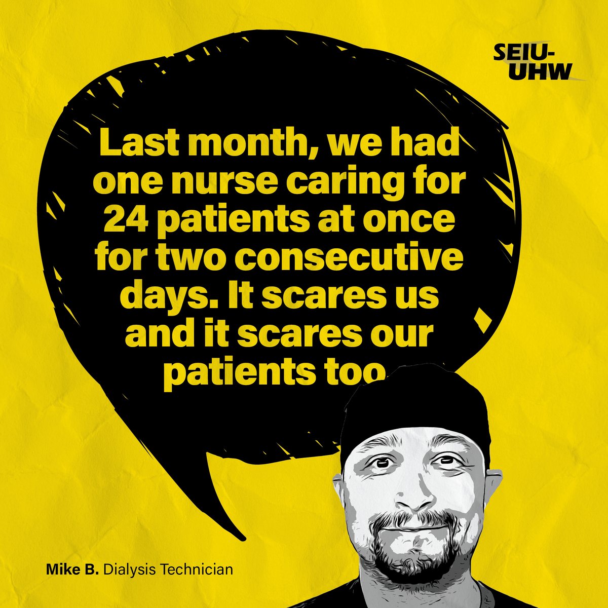 Mike is a dialysis technician at @SatelliteHealth who has seen management squeeze every penny out of patients with kidney failure by understaffing our clinics and paying wages that make it impossible to attract and retain experienced dialysis workers. #United4All #FixDialysis