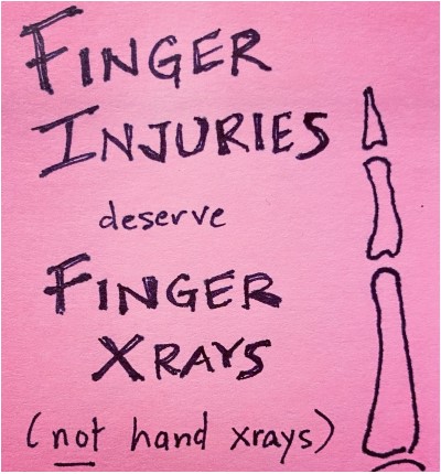 It may seem obvious, but isolated finger injuries should get finger x-rays, not hand x-rays. @M_Lin says more is not better when it comes to x-rays, and EPs can miss critical details in hand x-rays. tinyurl.com/36scxanu #FOAMed