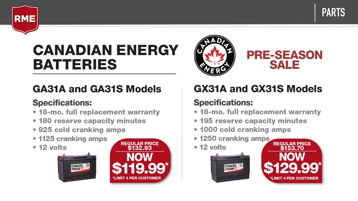 SAVE now on select Canadian Energy Batteries with Our Canadian Energy Battery Pre-Season Sale. Regular $132.93 Now Only $119.99 GX31A and GX31S models. Contact your local RME dealer or click here for more info: rockymtn.com/promotions/can… . . . #RME #Sale #Battery #CanadaProof