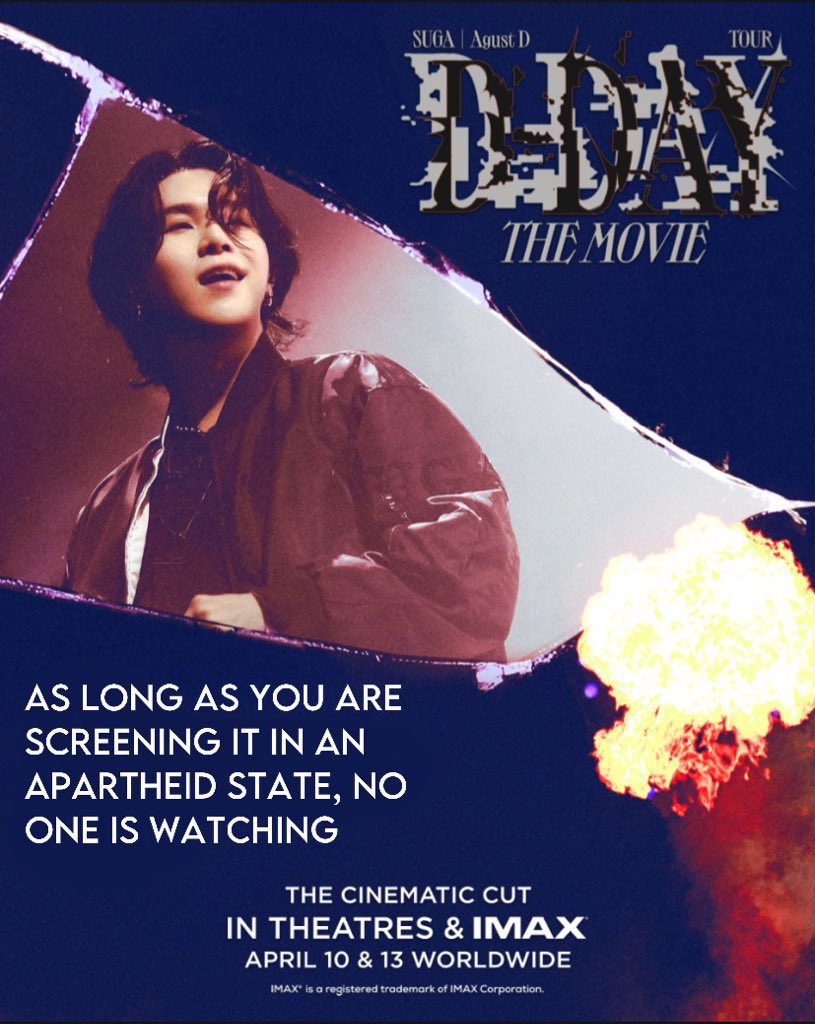 HYBE CANCEL THE SCREENING IN ISRAEL RESPECT CONSUMER DEMANDS DO NOT SCREEN IN AN APARTHEID STATE #하이브는시오니스트를퇴출하라 #HybeDivestFromZionism @HYBEOFFICIALtwt @hitmanb @BIGHIT_MUSIC @TrafalgarRel