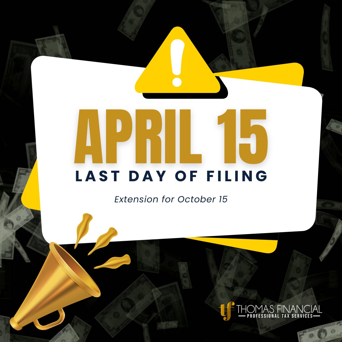 End of Tax Season is coming soon so make sure to file with us on or before April 15. If you are not ready yet, file for an extension for October 15.

Upload your documents at bit.ly/3PNp3WR

#Taxpreparer #Taxsoftware #Taxbusiness #Startyourowntaxbusiness #ThomasFinancial