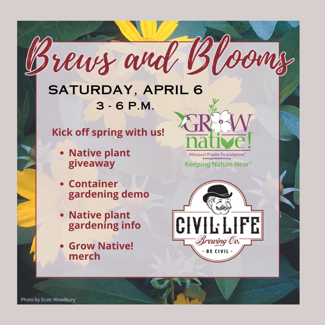 We are teaming up with the Missouri Prairie Foundation to bring more of that magic to the Civil Life this Saturday, April 6th, 3 to 6 pm. They'll be on hand with native gardening information and have a native plant giveaway too!