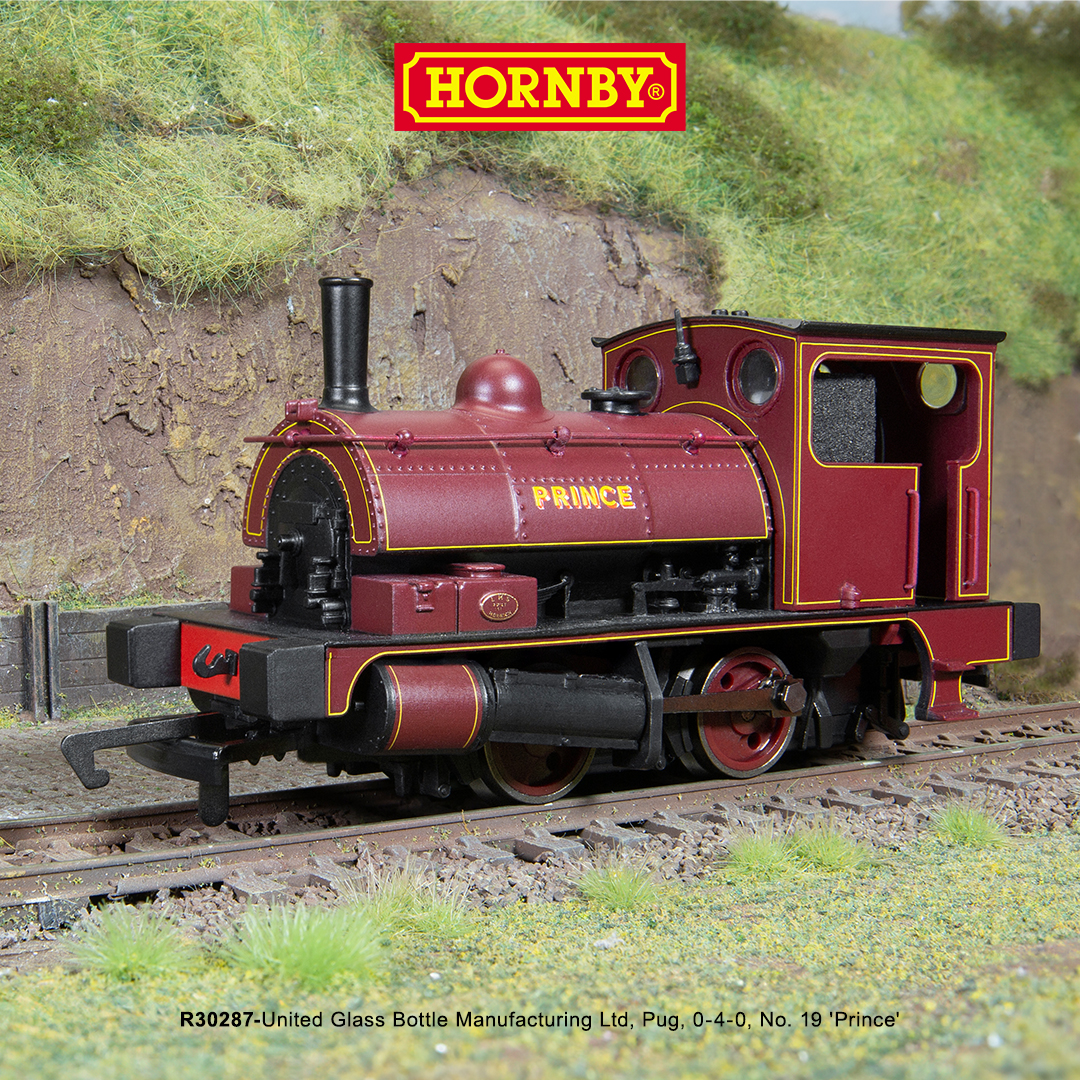 'Prince' has arrived! 🚂 Small but mighty, the United Glass Bottle Manufacturing Ltd, Pug, 0-4-0, No. 19 'Prince' (R30287) is now preserved, with a fire lit under the boiler. Add this charming locomotive to your collection today 👉shorturl.at/ahGQS #Hornby #Modelrailway