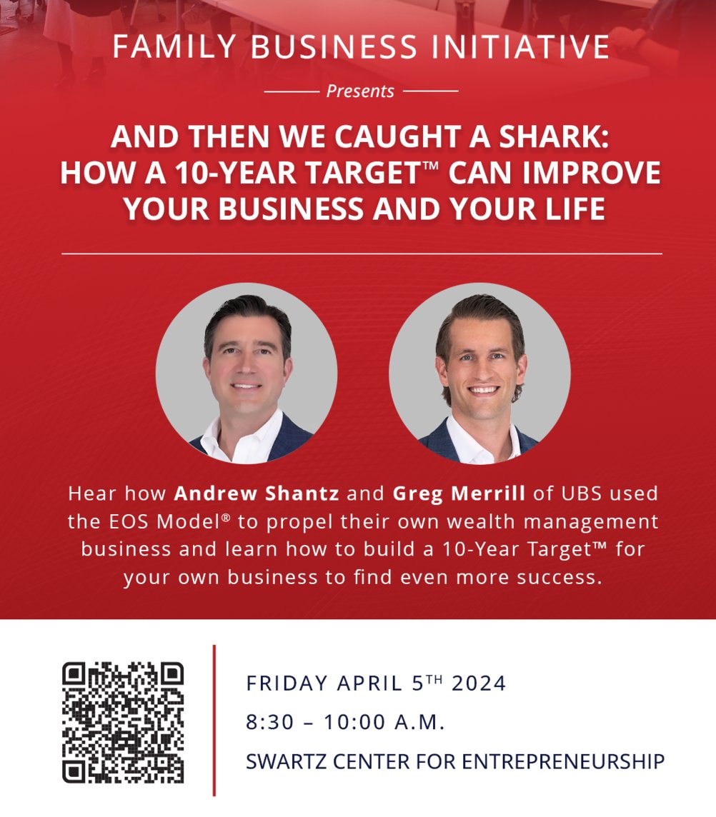 Don't miss our next Family Business Initiative talk tomorrow at 8:30 AM ET w/ host Meredith Meyer Grelli! Greg Merrill & Andrew Shantz of UBS discuss how using the Entrepreneurial Operating System propelled their own wealth management business. Register! rb.gy/091zuc