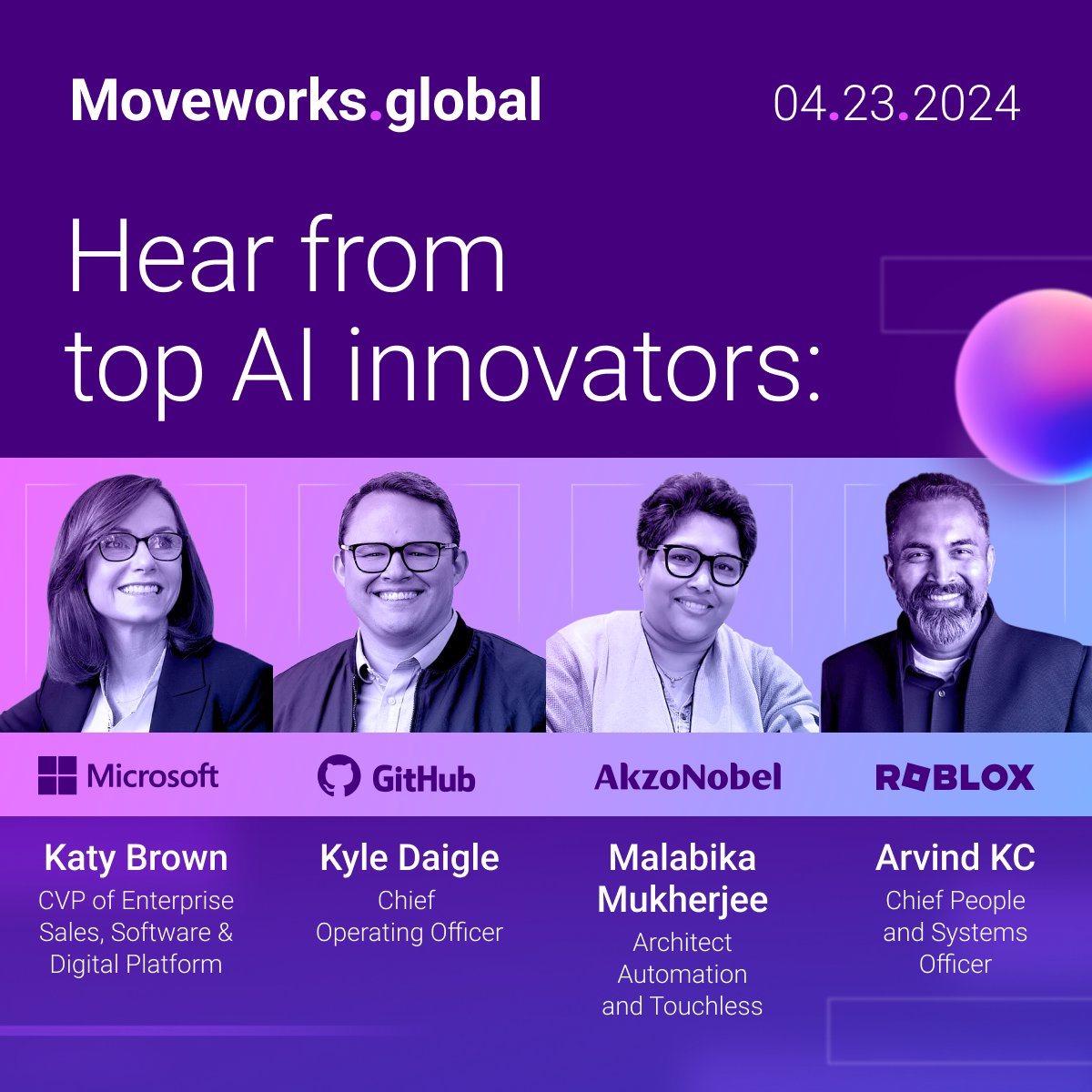 A_Aviles's tweet photo. 📣 Announcing #MoveworksGlobal speakers! 🌍🎤 Katy Brown @Microsoft, Kyle Daigle @GitHub,  Malabika Mukherjee @AkzoNobel and Arvind KC @Roblox. Register to hear exciting insights from these top AI innovators! 🚀 https://t.co/A2lXL8I2w1 https://t.co/Nbyh5eyQg7