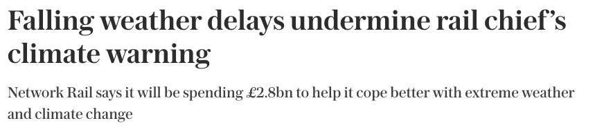 rtmcswee's tweet photo. FACTCHECK

The @Telegraph reported today that @networkrail’s £2.8bn plan to cope with extreme weather has been “undermine[d]” because “weather-related train disruption has decreased over the past few years”.

Let’s have a look at that claim:

THREAD 🚂

1/9 https://t.co/tp4lernlaM