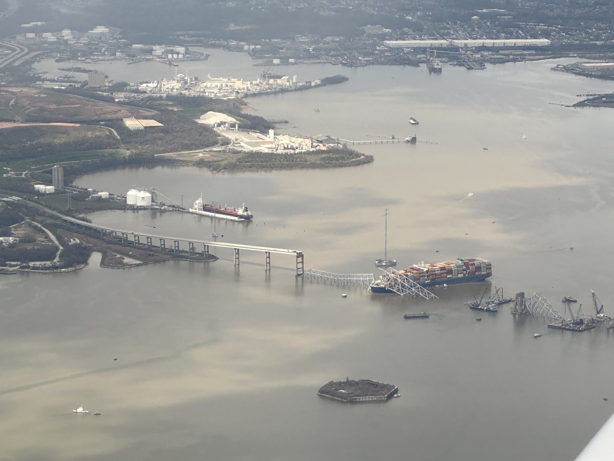 View of the destroyed Francis Scott Key Bridge this morning (from the airplane) #bridge