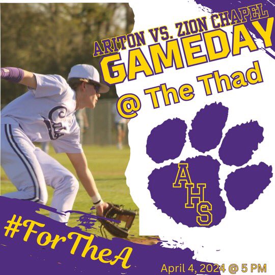 GAMEDAY IN THE A!!! The Cats are back at Thad Dansby Field today as they take on the Zion Chapel Rebels for Game 1 of the series!! Grab your Purple and Gold and come cheer on your Cats!!We will SEE YOU AT THE THAD!! #ForTheA #HardWorkPaysOff