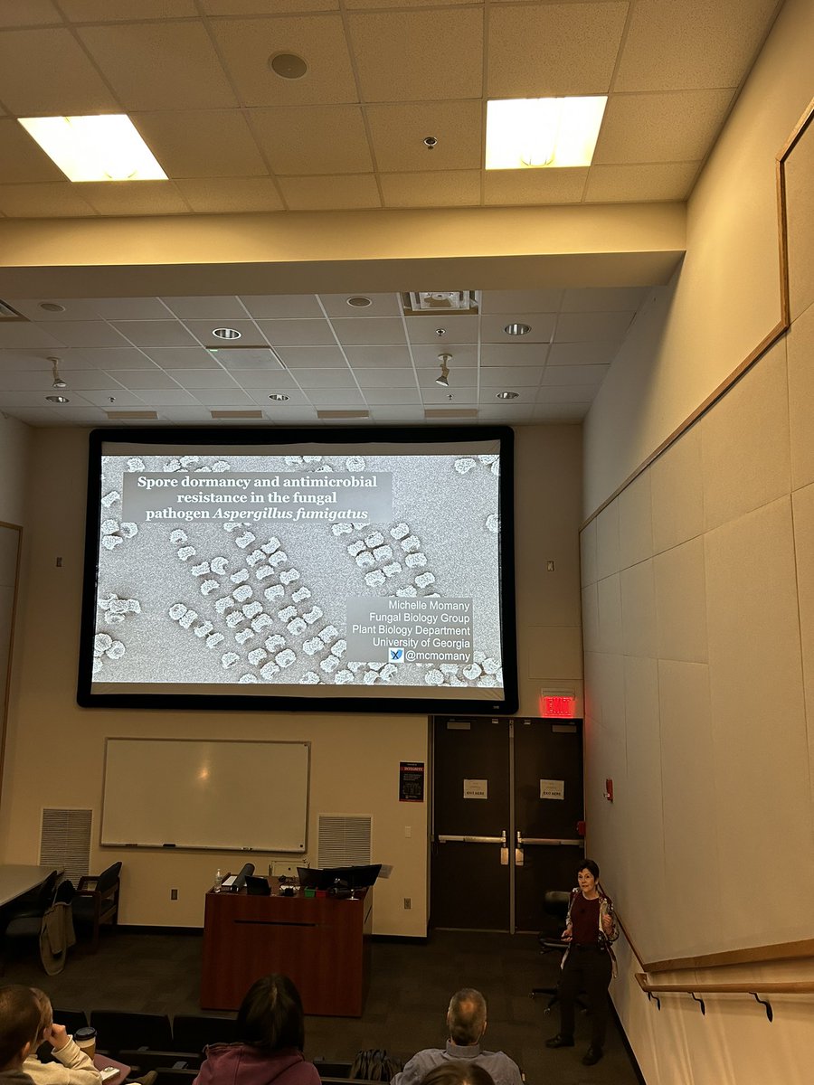 Our star Dr Michelle Momany speaking about A fumigatus spore dormancy and AMR at UGAs Microbiology Seminar series 🍄 go @mcmomany 🤩