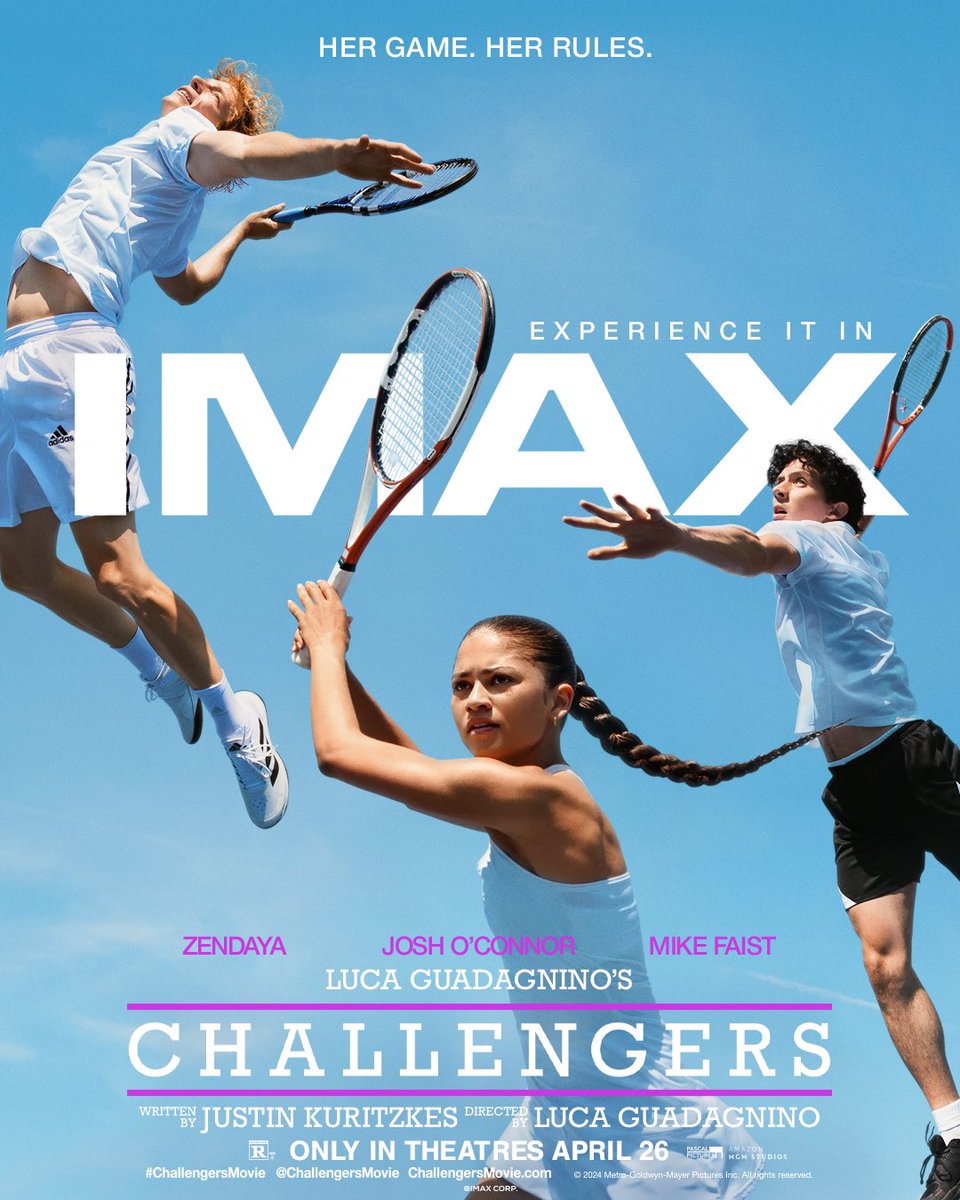 PopCrave's tweet photo. New IMAX poster for ‘Challengers’ starring Zendaya, Josh O’Connor &amp; Mike Faist. https://t.co/6ZVCScAPTw