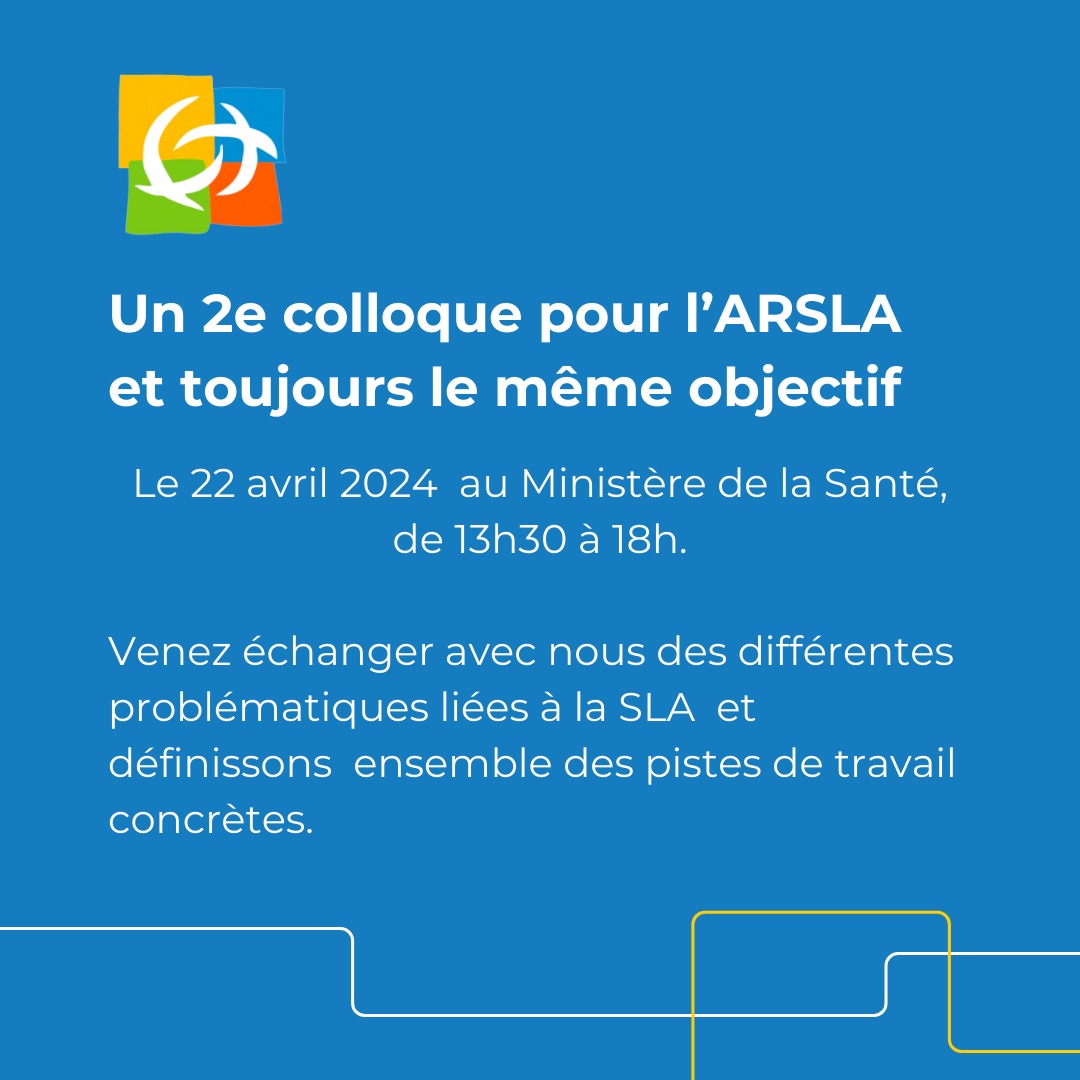 📆 L’ARSLA vous invite à participer à son colloque national sur la #SLA le 22 avril, à 13h30 au Ministère de la Santé @Sante_Gouv. Il sera animé par @CamdeFroment, rédactrice en chef du magazine de la Santé sur France 5. ℹ️ relevonslesdefis.org #ARSLA #maladiedeCharcot