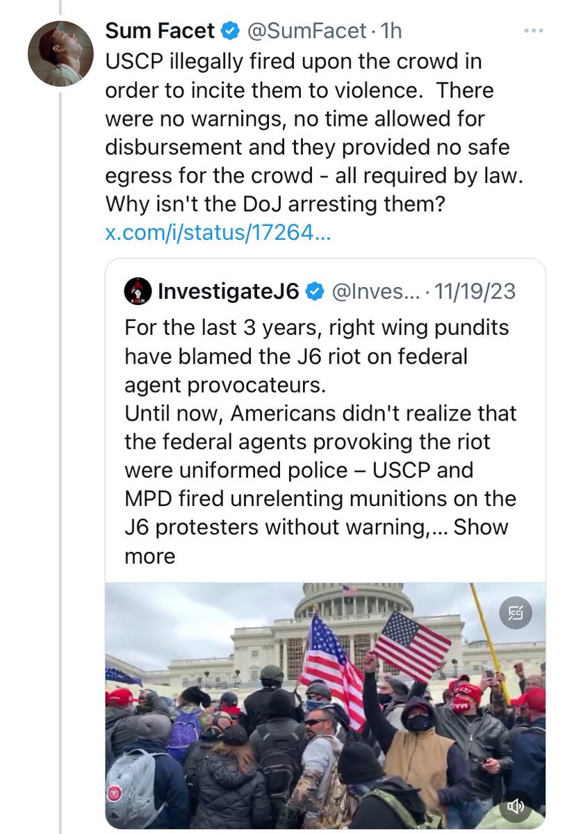 SaveLibertyUS's tweet photo. Why did a few of the J6 protestors commit violence?
“USCP illegally fired upon the crowd in order to incite them to violence. There were no warnings, no time allowed for disbursement and they provided no safe egress for the crowd - all required by law.” #J6protest #freeJ6ers #Justice4J6ers