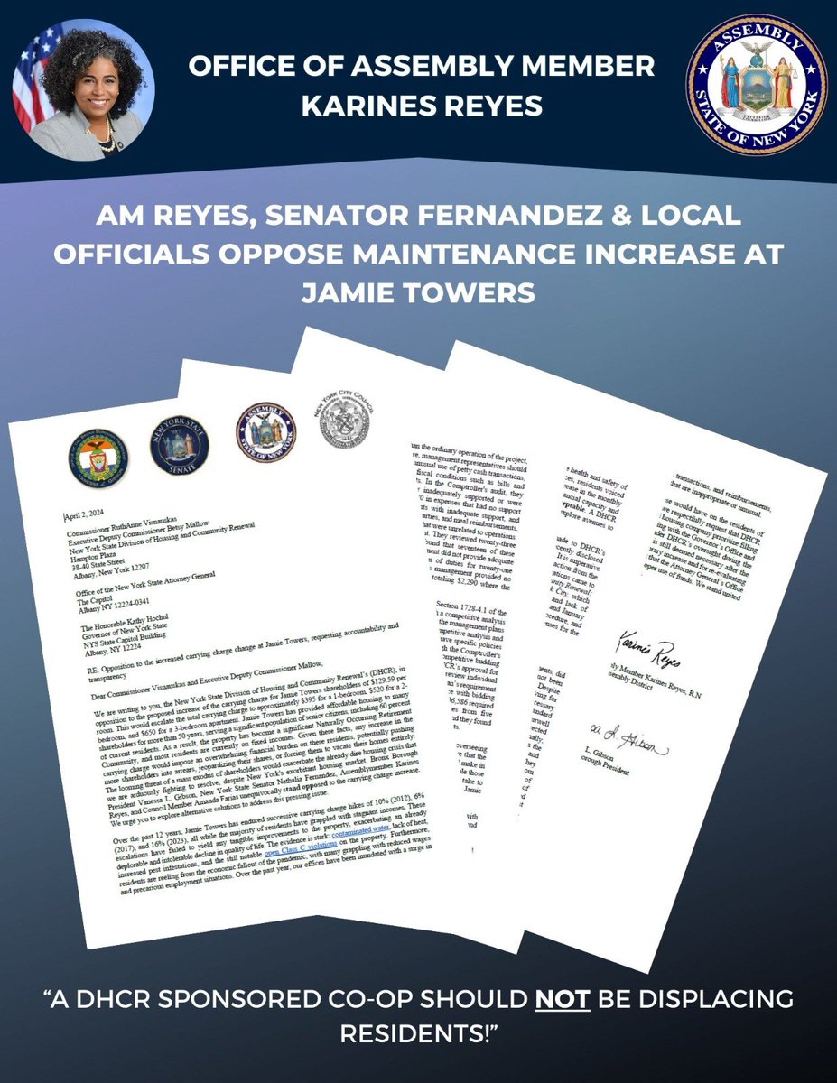 📄BIG🖊️: This week, @senfernandez34, my colleagues, and I sent a 4-page letter to @NYSHCR + @GovKathyHochul opposing their proposed maintenance increase on the residents of Jamie Towers. Seniors and working families can’t afford this high increase of $350+ a month (1/3) 🧵