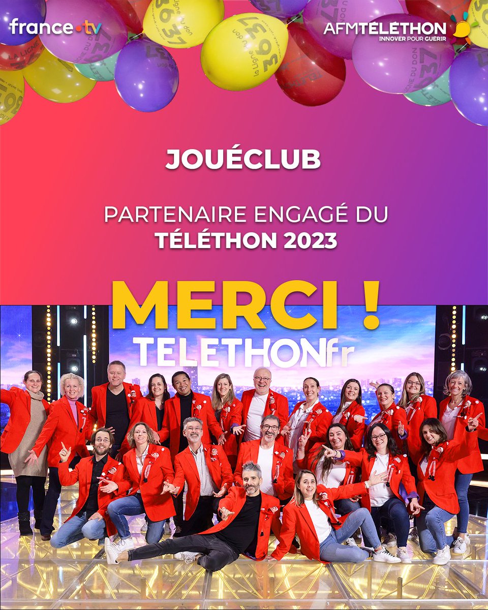AFM-Téléthon (@telethon_france) on Twitter photo Merci à notre partenaire <a href="/JoueClubFR/">JouéClub France</a> qui a collecté plus de 205 000 € pour le Téléthon 2023 en mobilisant son réseau ! Merci à notre partenaire <a href="/JoueClubFR/">JouéClub France</a> qui a collecté plus de 205 000 € pour le Téléthon 2023 en mobilisant son réseau !
