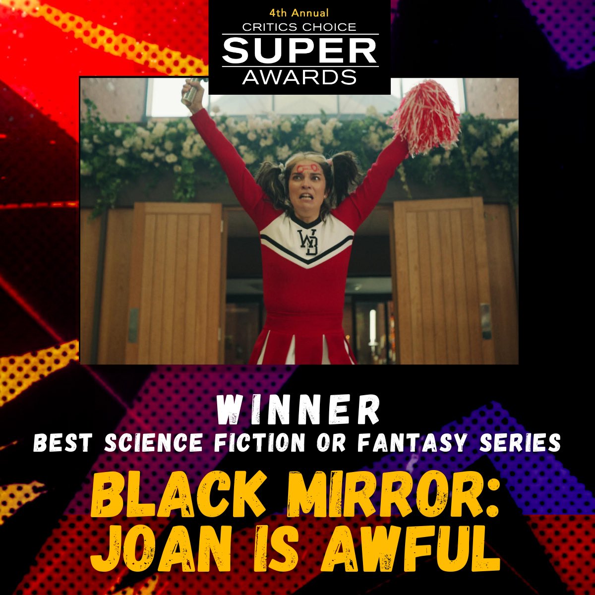 Congratulations to “Black Mirror: Joan Is Awful!” The series has won the Critics Choice SUPER AWARD for BEST SCIENCE FICTION / FANTASY SERIES, LIMITED SERIES OR MADE-FOR-TV MOVIE! ⭐️⭐️⭐️⭐️ #CCSuperAwards #BlackMirror #JoanIsAwful @blackmirror #CriticsChoice