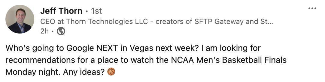 thorntech's tweet photo. Help out our CEO @JeffThornTech.

He'll be in Vegas next week for #GoogleCloudNext and wants to know the best place to watch the NCAA Men's Basketball Finals on Monday night.

Where should he go to watch the game? https://t.co/O9noLoXXEt