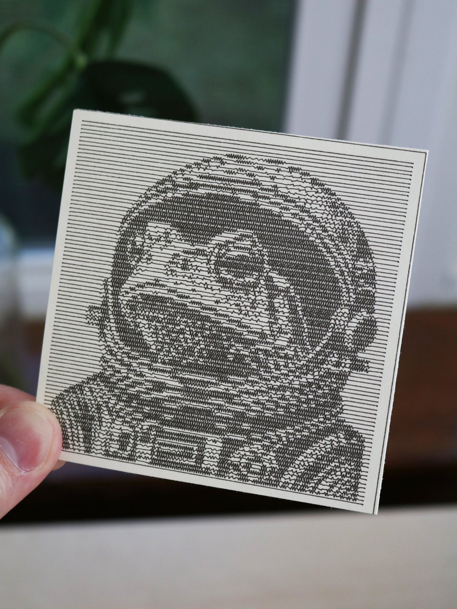 AndrewASink's tweet image. My entry to the @bantamtools Squiggle University challenge! #NextDraw

First, I used @edabot's 'Linocut' prompt helper to create an image of a toad wearing a spacesuit.

Next, I processed it using #SquiggleCam and then plotted it using the @pltr_toolheads 3D printer pen plotter.