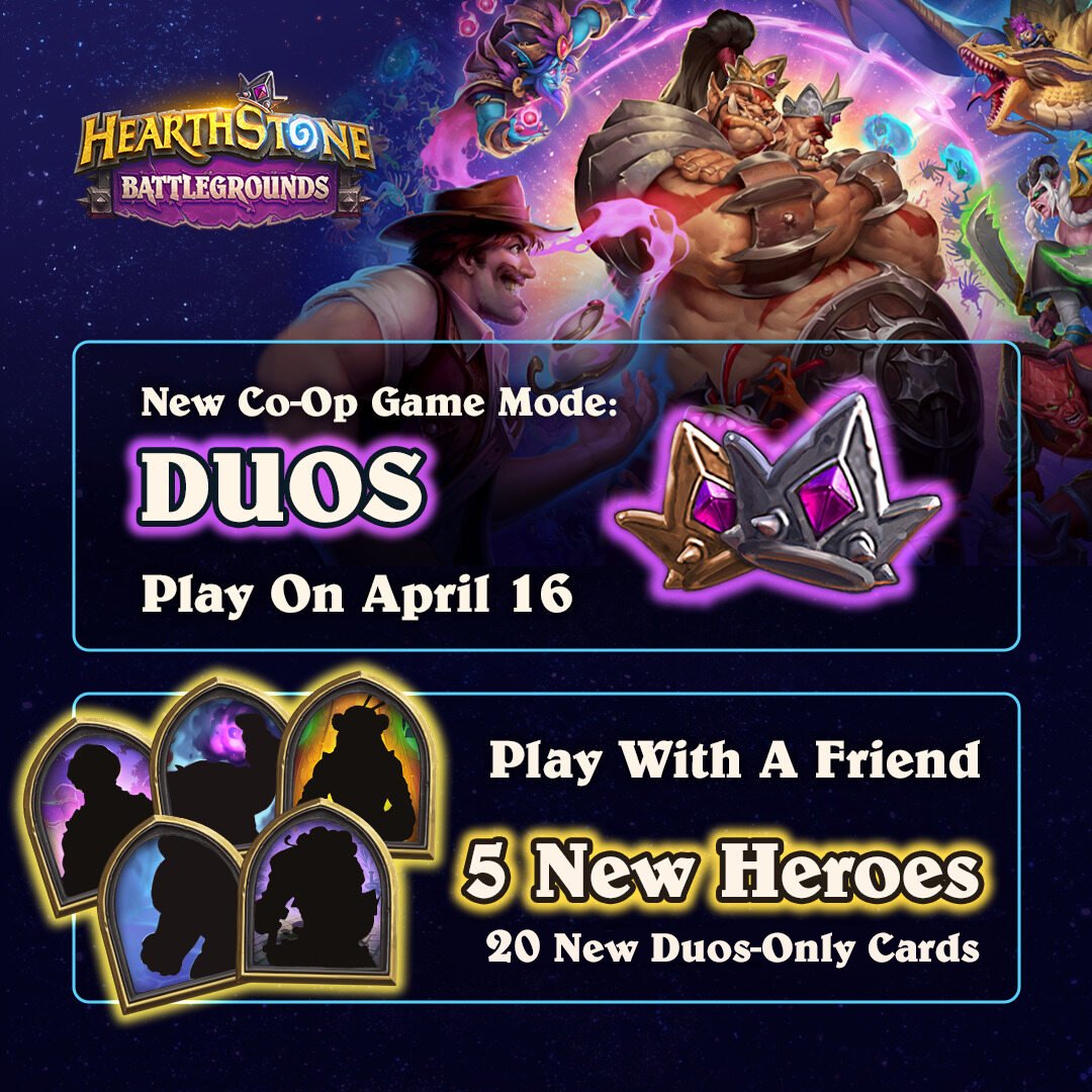 Battlegrounds Season 7 is coming soon with magical new updates, including a major new mode! 🤝 Battlegrounds Duos launches April 16 ⚔️ Over 50 new and returning Minions 👑 4 new Heroes Get all the info on Once Upon a Tavern and #HearthstoneDuos: blizz.ly/3UTy2cs