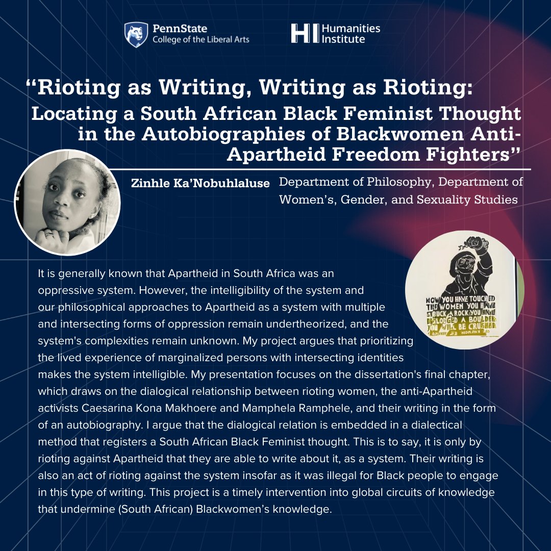 PSUHumanities's tweet image. UPCOMING‼
Graduate Student Resident Talks for Spring 2024

Swipe to learn about each presentation and come to the talk on Tuesday, April 9th, at noon! 😁