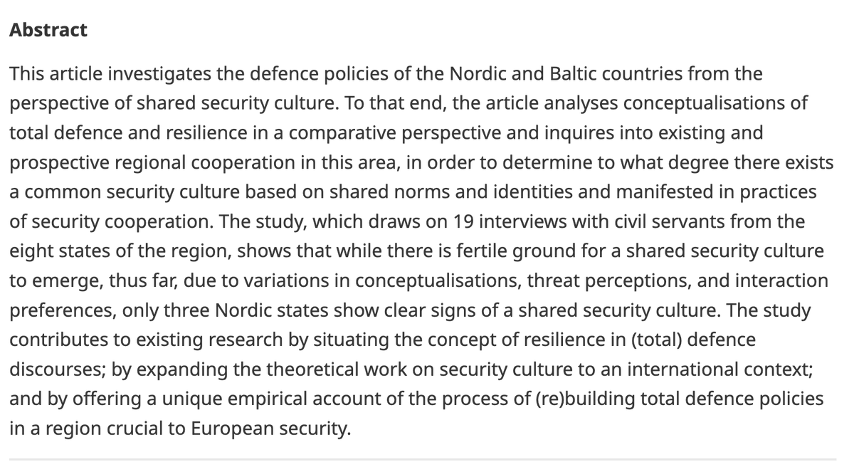 🚨 New and Open Access: 'Resilience through total defence: Towards a shared security culture in the Nordic–Baltic region?' by @JanaWrange, @d_bromme, and Rikard Bengtsson. 🌎 📚 Read here: cambridge.org/core/journals/… #FirstView #EJIS @MYBISA