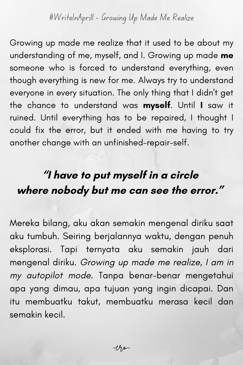 yuzutheorange's tweet photo. #WriteInApril Day 1: Growing Up Made Me Realize
challenge hosted by @bubblatea
For me, growing up used to be a self-understanding journey. But as I grew up, I realized that the more I grow, the less I understand myself. https://t.co/LWg7gRJpvl