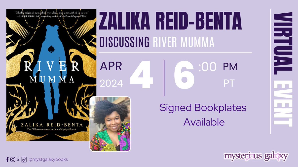 ✨ Tonight, at 6 pm PT, we're hosting a virtual event with ZALIKA REID-BENTA (@literati167) - in conversation w/ @mauricebroaddus to discuss RIVER MUMMA! Signed bookplates available! @erewhonbooks For more information & to register -> buff.ly/4anpOgW