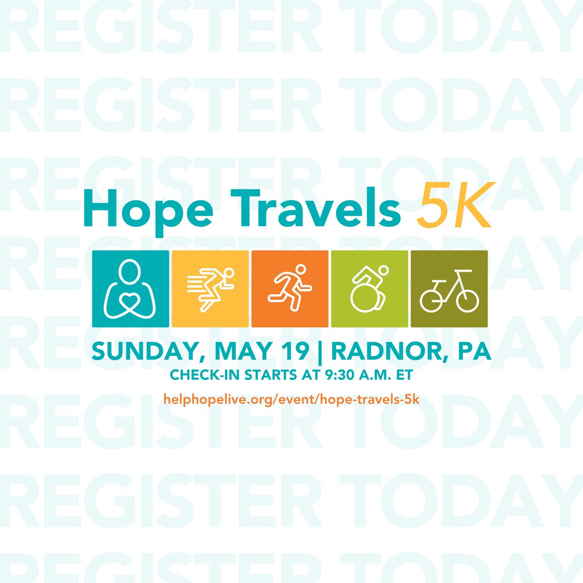 DRUMROLL PLEASE: Hope Travels is BACK! Join us in Radnor, PA on Sunday, May 19th for a run, walk, roll, or ride! Can’t make it in-person? Register to participate virtually in a “5K your way”! Register and learn more here: runsignup.com/Race/PA/Wayne/…