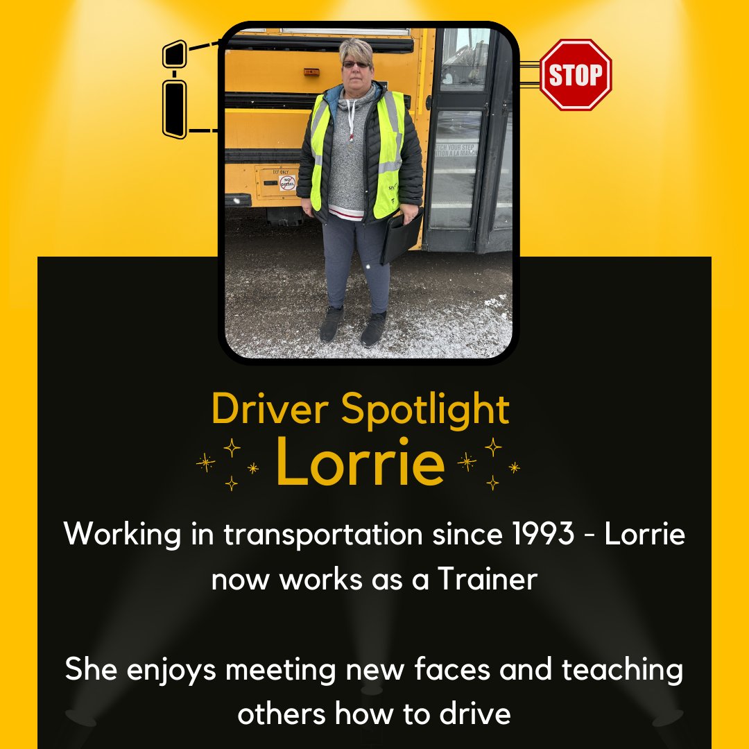 🌟Driver Spotlight: Meet Lorrie!🌟 Visit mybigyellowbus.ca/become-a-bus-d… to find out how you can become an important part of your community as a bus driver @gowithelgie @MurphyBus @SharpBus First Student-St Thomas, Voyago & LangsBus