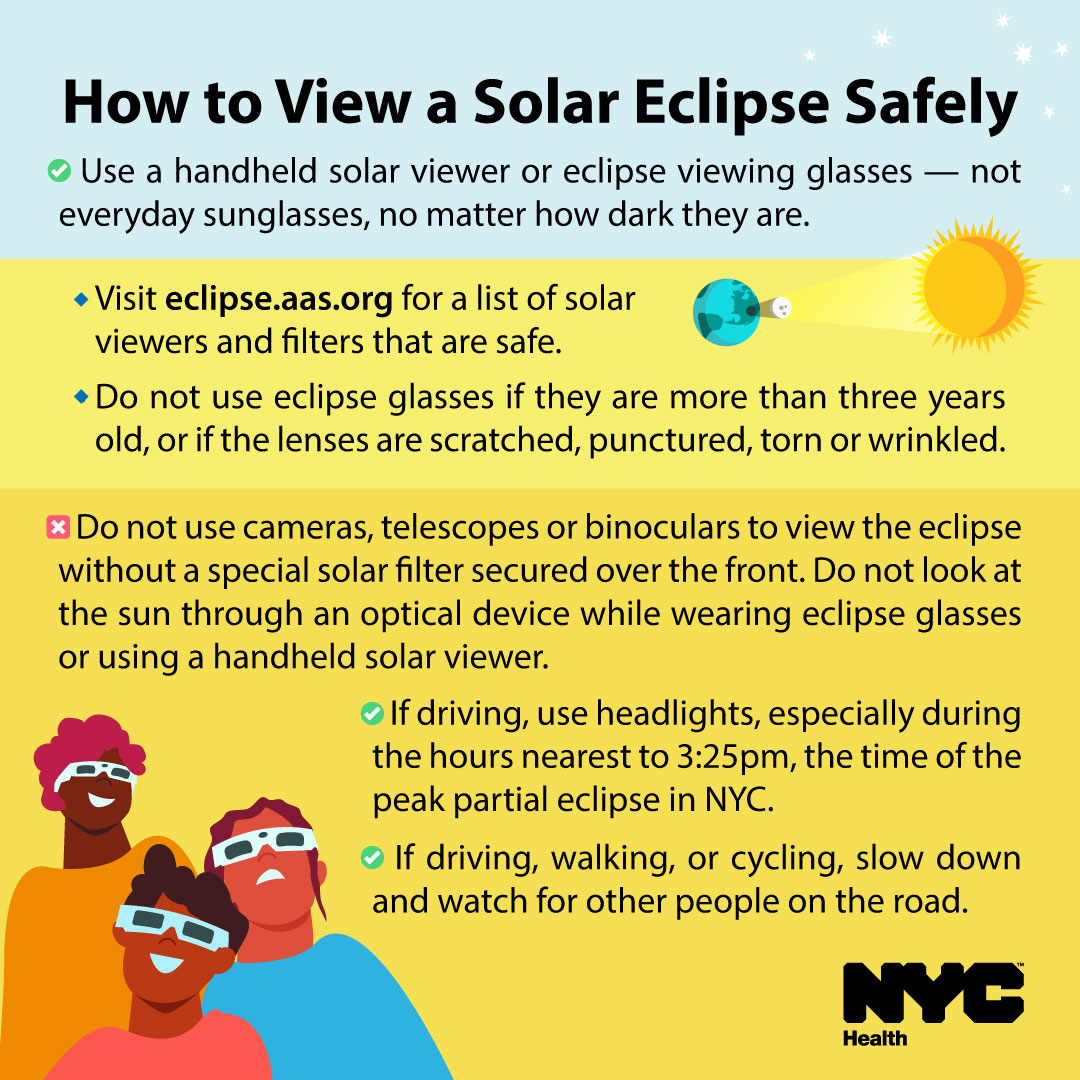 Ahead of the solar eclipse happening in NYC on Monday, April 8, we're reminding New Yorkers: Don't just look up! Take precautions — and drive carefully! Follow these tips to enjoy the eclipse safely. Learn more: on.nyc.gov/49saz5E