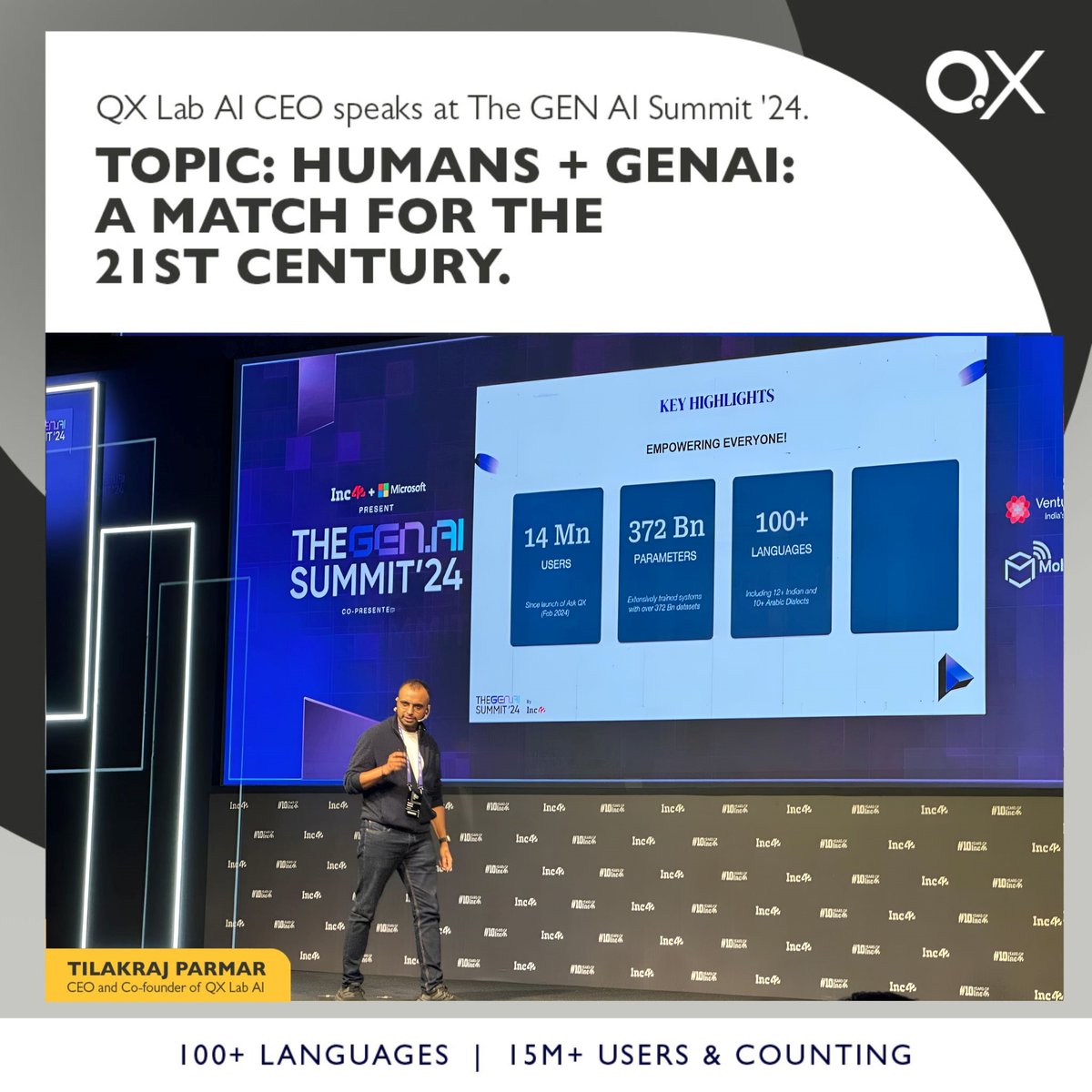 QXLabAI's tweet image. At The Gen AI Summit &apos;24, presented by Inc42 Media and co-hosted by QX Lab AI on April 3, 2024, our Co-founder and CEO, Tilakraj Parmar, shared his insights on the symbiotic relationship between humans and GenAI.  #AskQXLabAI #AskQX #GenerativeAI #Inc42 #Inc42GenAISummit