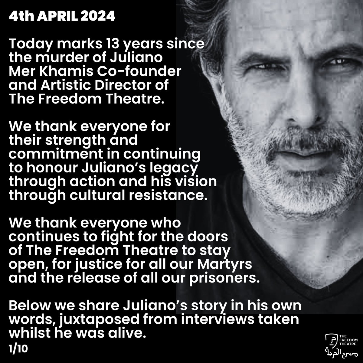 Today marks 13 years since the murder of Juliano Mer Khamis Co-founder and Artistic Director of The Freedom Theatre🧵