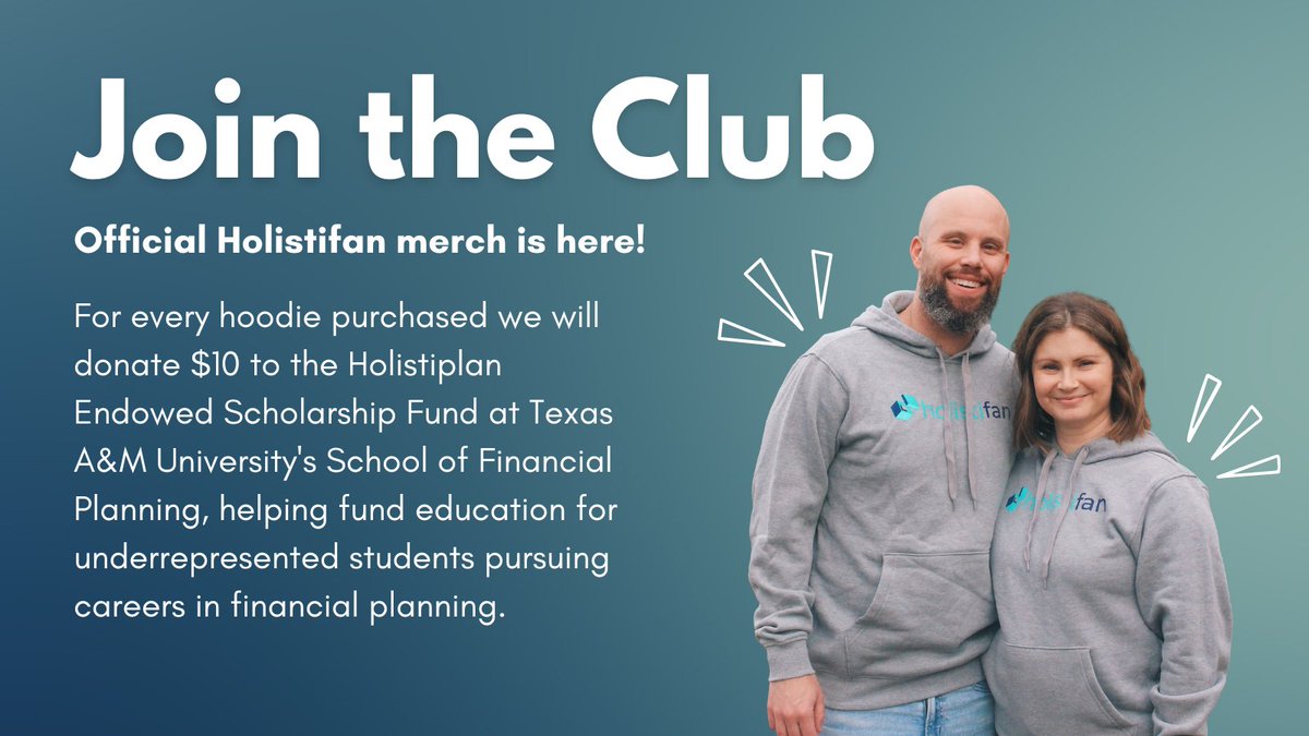 ✨ Our online merch store is now open! Get your hands on the much-loved Holistifan hoodie 😎 For every hoodie sold, we're donating $10 to a scholarship fund at Texas A&M, aiding underrepresented financial planning students🎓 Shop now! holistifan.com