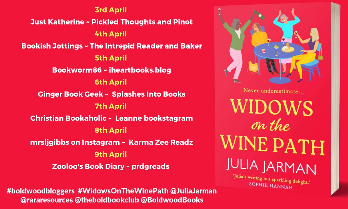 Warm, witty and wise, @JuliaJarman's #WidowsontheWinePath published by @BoldwoodBooks is a delight. Read the @BookishJottings review here: bookishjottings.com/2024/04/04/wid… @rararesources #BoldwoodBloggers