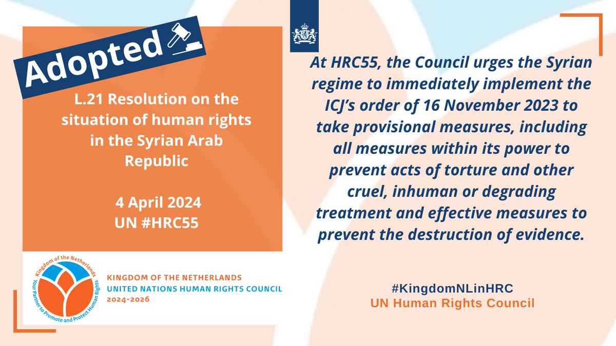 #KingdomNL welcomes the extension of the Commission of Inquiry on #Syria, underlining the vital work. We share their concerns about continued human rights violations, including attacks against civilians and infrastructure, torture & disappearances, particularly by Syrian regime.
