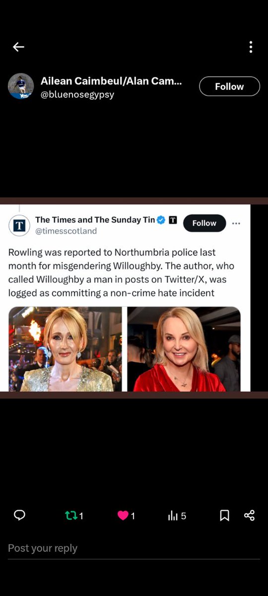 Has @jk_rowling demanded Northumbria Police delete the hate incident recorded against her or is it just Police Scotland and the Scottish Government she dislikes who have protected her rights to lack decency #HateCrimeActScotland