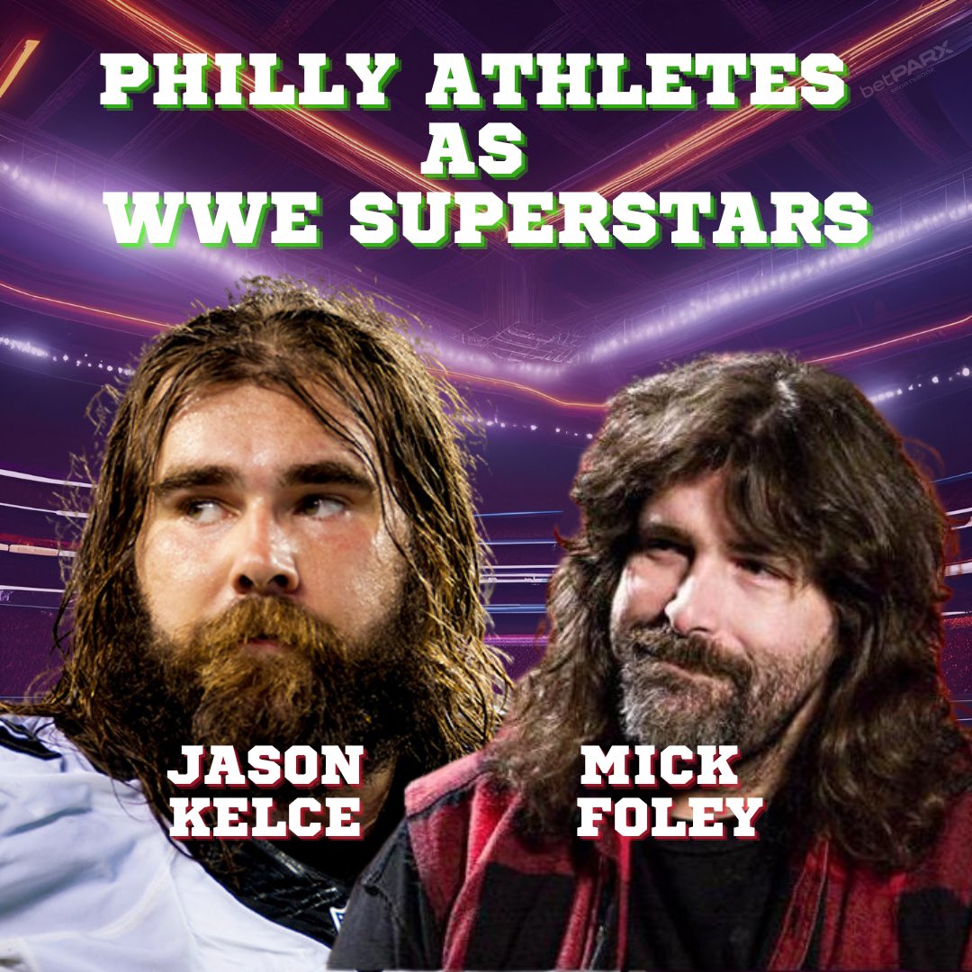 In honor of #WrestleMania in Philly this weekend, check out these past & present Philadelphia athletes with their #WWE Superstar comps… a thread 1. Jason Kelce (@JasonKelce) & Mick Foley