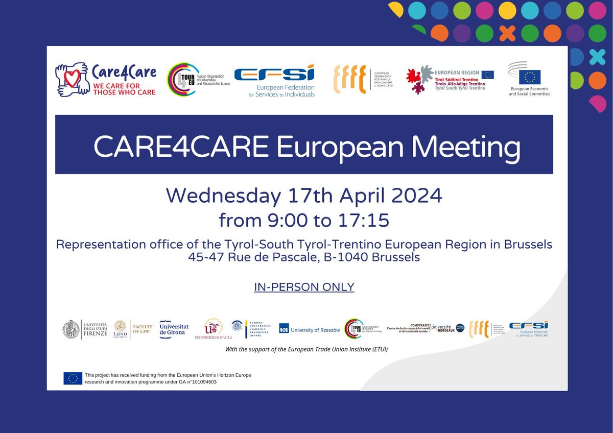 📢Save the date for the @care4care_eu European Conference happening on April 17th, 2024, in Brussels📅. Join us for discussions on improving working conditions and combatting discrimination in the caregiving sector across the EU. Register now! lnkd.in/eXEK2mNW