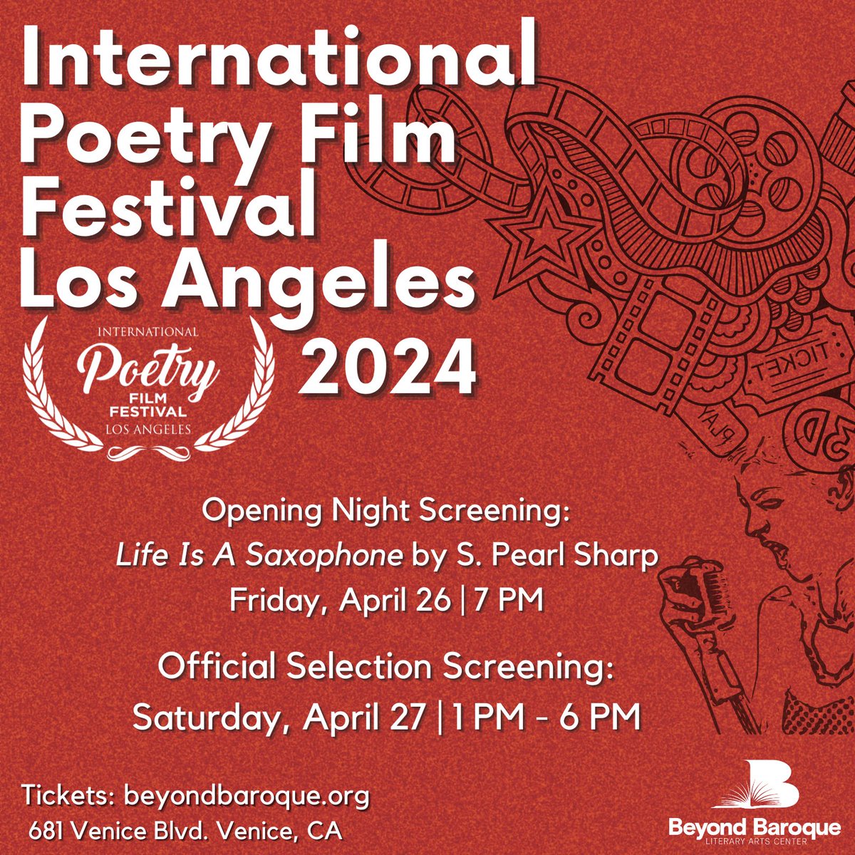 ￼ 🎞️ The 3rd annual International Poetry Film Festival, Los Angeles, at Beyond Baroque features screenings of nearly 40 poetry-based films from around the world, including selections from France, India, Belgium, Ireland, and the U.S. 🎟️ Get tickets now! eventbrite.com/e/internationa…
