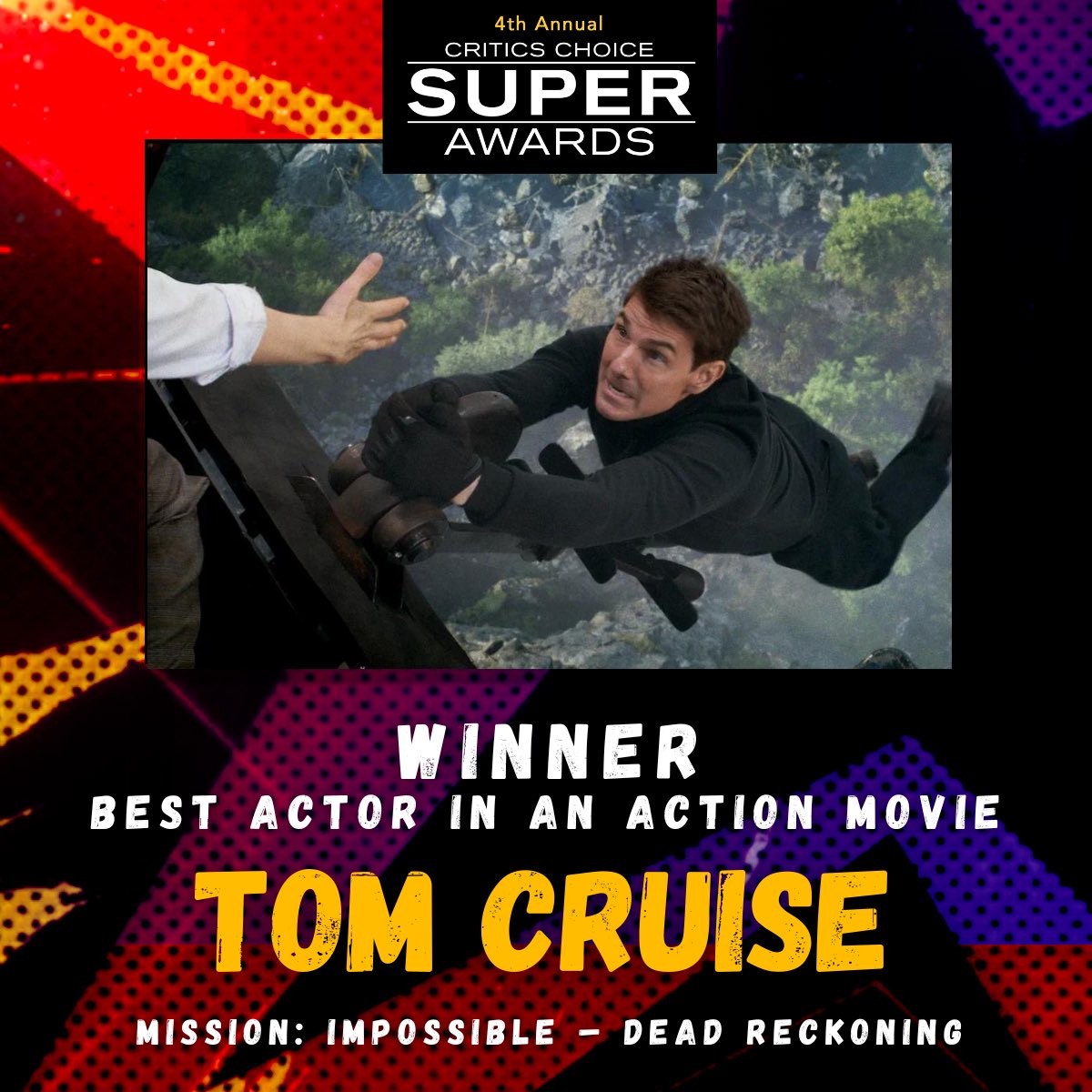 Congratulations to Tom Cruise – “Mission: Impossible – Dead Reckoning!” The actor has won the Critics Choice SUPER AWARD for  BEST ACTOR IN AN ACTION MOVIE!⭐️⭐️⭐️⭐️ #CCSuperAwards #TomCruise #MissionImpossible #CriticsChoice