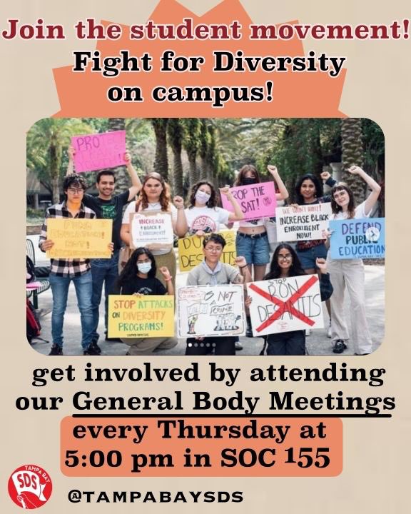🚨New Room Alert!🚨 Join our General Body Meetings in the new room, SOC 155, every Thursday at 5:00! Get involved in our meetings to help organize direct actions to defend diversity on campus! #defenddiversity #fuckdesantis #universityofsouthflorida