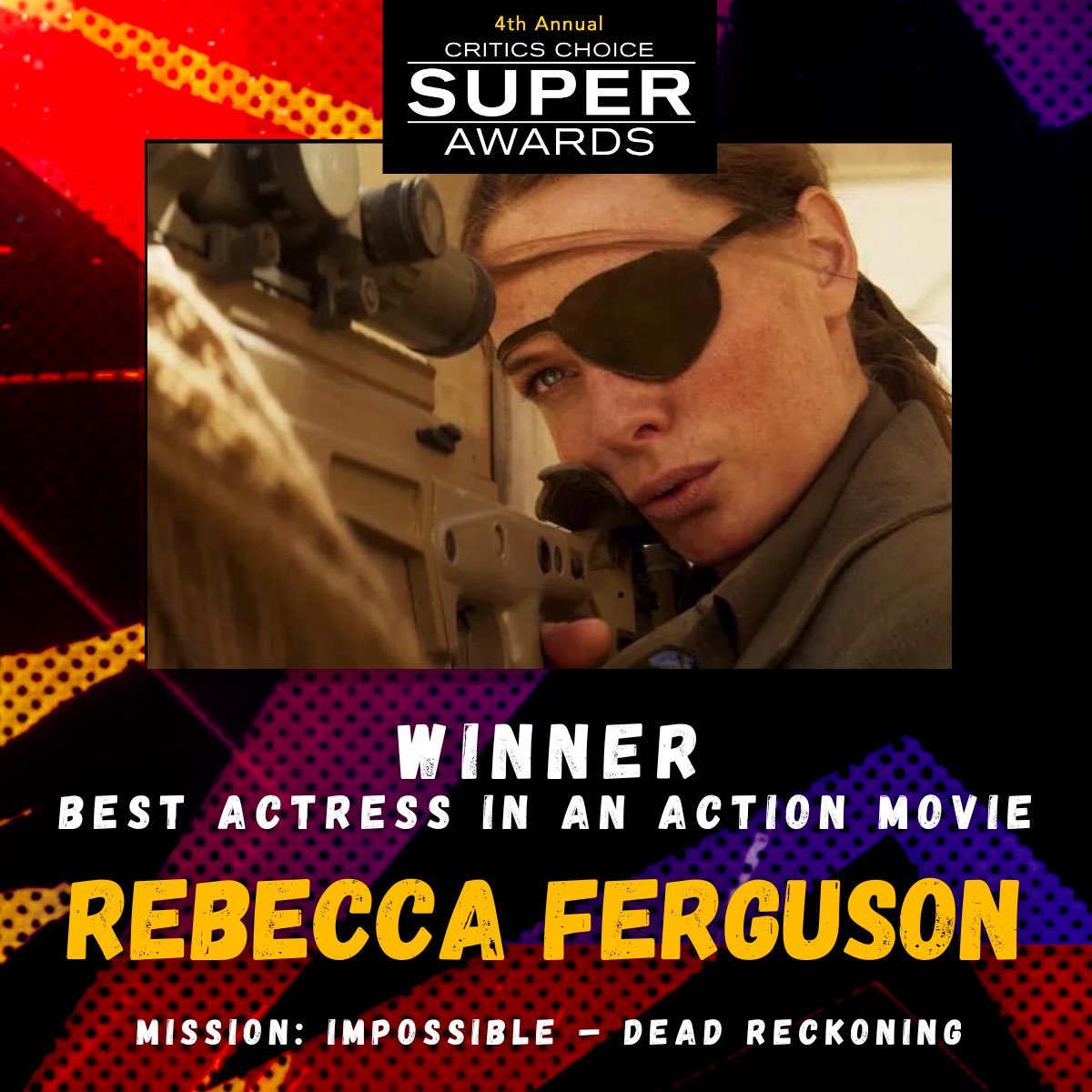 Congratulations to Rebecca Ferguson – “Mission: Impossible – Dead Reckoning!” The actress has won the Critics Choice SUPER AWARD for BEST ACTRESS IN AN ACTION MOVIE! ⭐️⭐️⭐️⭐️ #CCSuperAwards #RebeccaFerguson #MissionImpossible #CriticsChoice