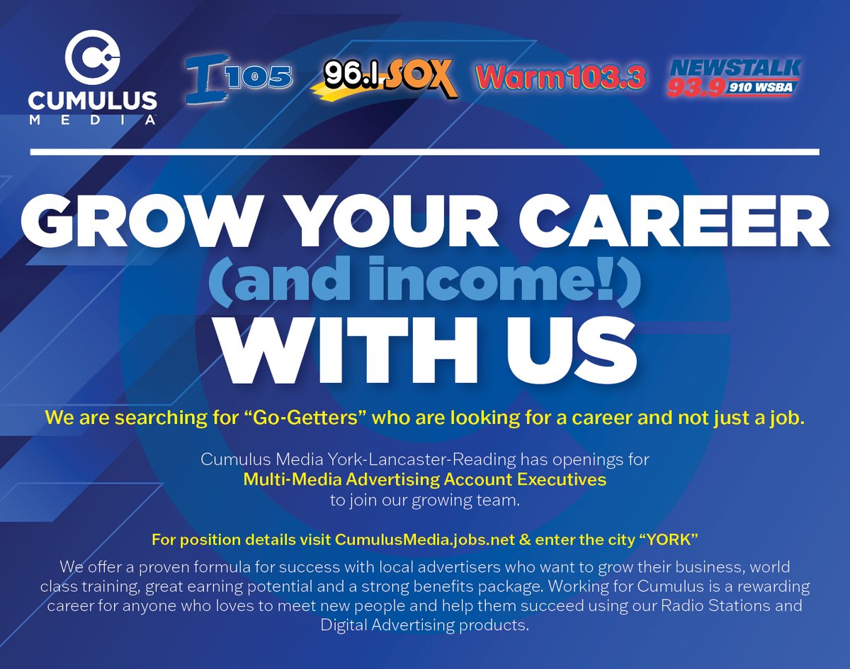 GROW YOUR CAREER (AND INCOME) WITH US.

Cumulus Media - York, PA is seeking a talented and dynamic Multi-Media Account Executive to join our growing team. 

Apply today at: wiov.com/2024/04/03/mul…