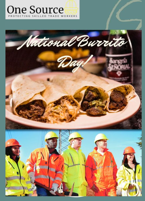 SuppliesOne's tweet photo. Happy National Burrito Day! Make sure to wrap yourself up in safety with our top-quality Hi-Viz Clothing and PPE Equipment. #NationalBurritoDay #safetyfirst #ppe #Highvisibility https://t.co/PPC3VEcCfD https://t.co/ybZjZh19wa