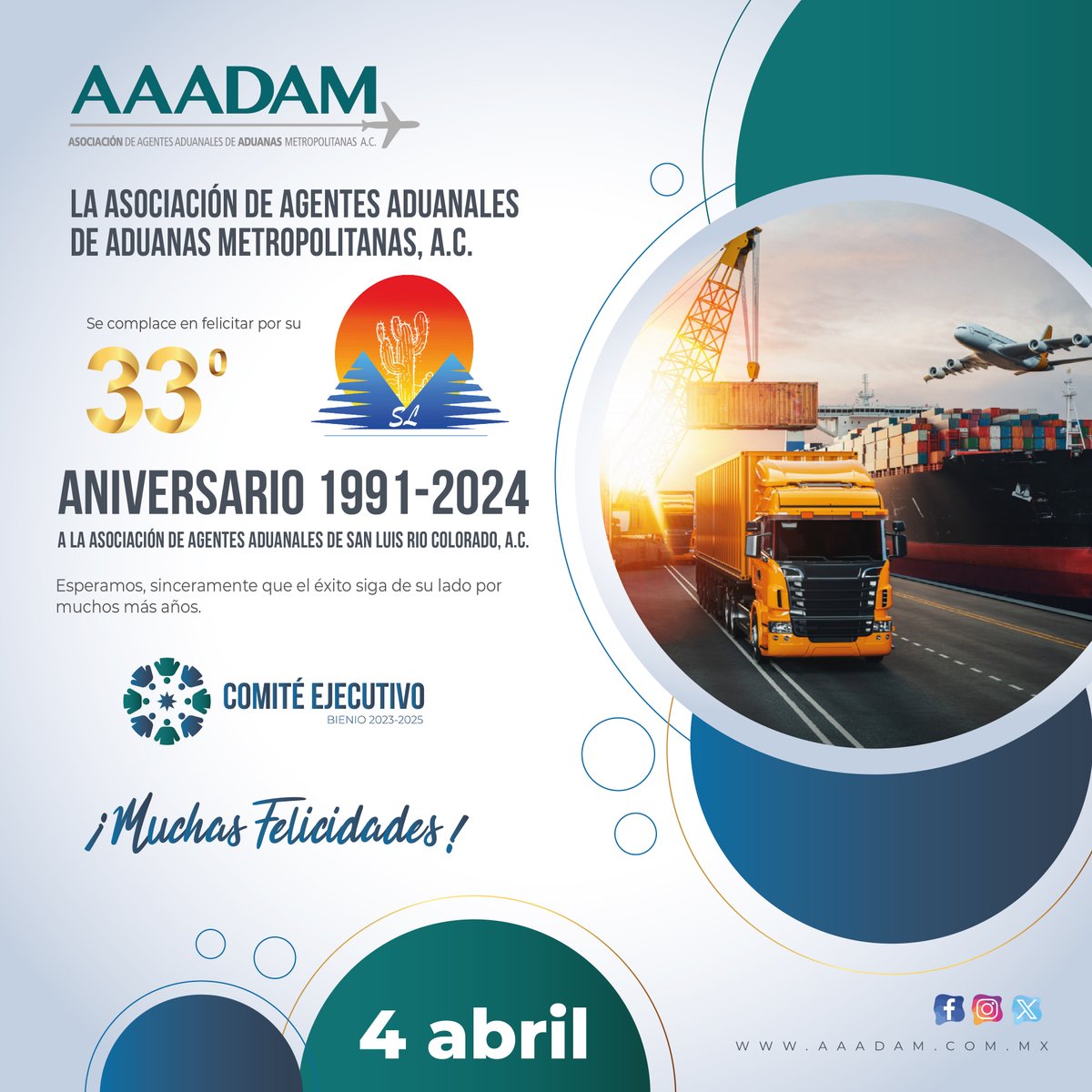 AAADAM_oficial's tweet photo. La #AAADAM se complace en extender una felicitación  a la Asociación de Agentes Aduanales de San Luis Rio Colorado, A.C., por su 33° aniversario. ¡Muchas felicidades! https://t.co/0M4POAsNnQ