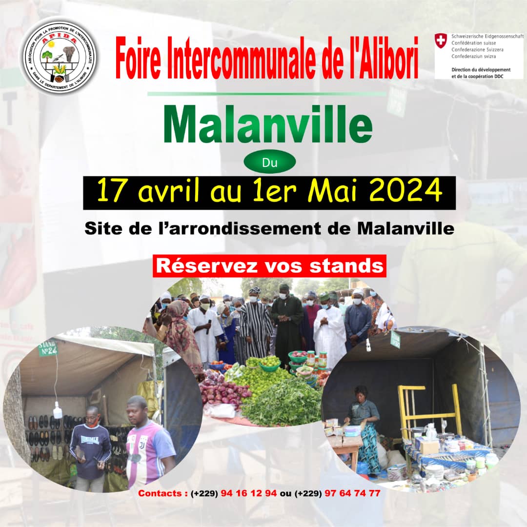 Du 17 avril au 1er mai 2024, l'Association pour la Promotion de l'Intercommunalité dans le Département de l'Alibori (APIDA) organise à Malanville la 12ème Foire Intercommunale de l'Alibori, avec le soutien de @DDCBenin Prenez le rendez vous. #wasexo