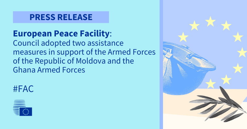 EUCouncilPress's tweet photo. #EuropeanPeaceFacility

@EUCouncil adopts assistance measures in support of:
- Armed Forces of the Republic of #Moldova🇲🇩 (€41 million) and
- Ghana Armed Forces 🇬🇭 (€25 million)

to enhance security, stability &amp; resilience in the defence sector.

Read more 👇