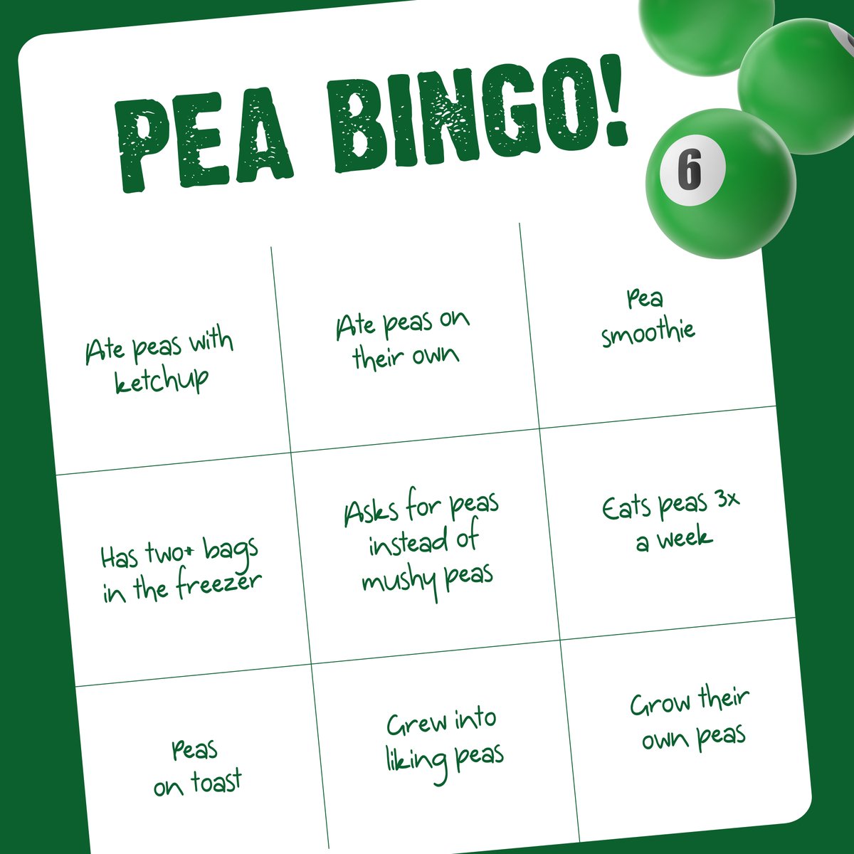 Grab your markers, get ready, and let's play pea-ngo! How many of these do you have checked off? Looks like we are heading for a full house... 🫛