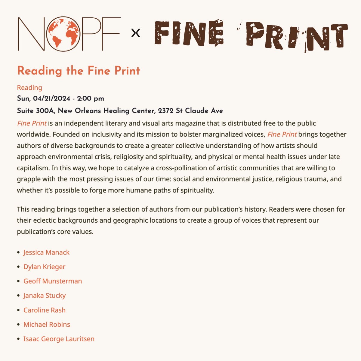 Getting excited for the @nolapoetry festival in a couple of weeks! I’ll be joining other @FinePrintPress contributors for a reading Sunday afternoon. #poetrycommunity